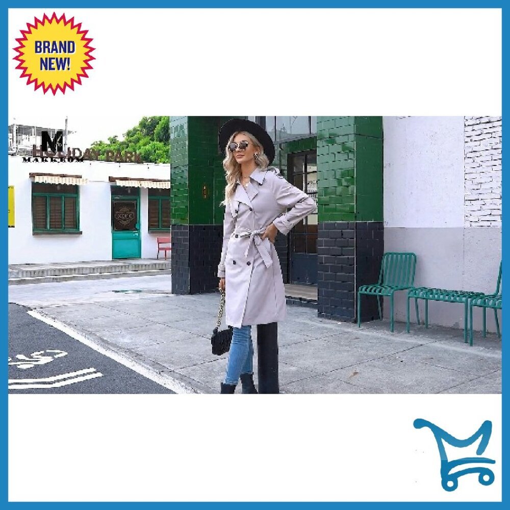 Women's Slim Fit Trench Coat Double Breasted Long Windproof Belted - Picture 8 of 8